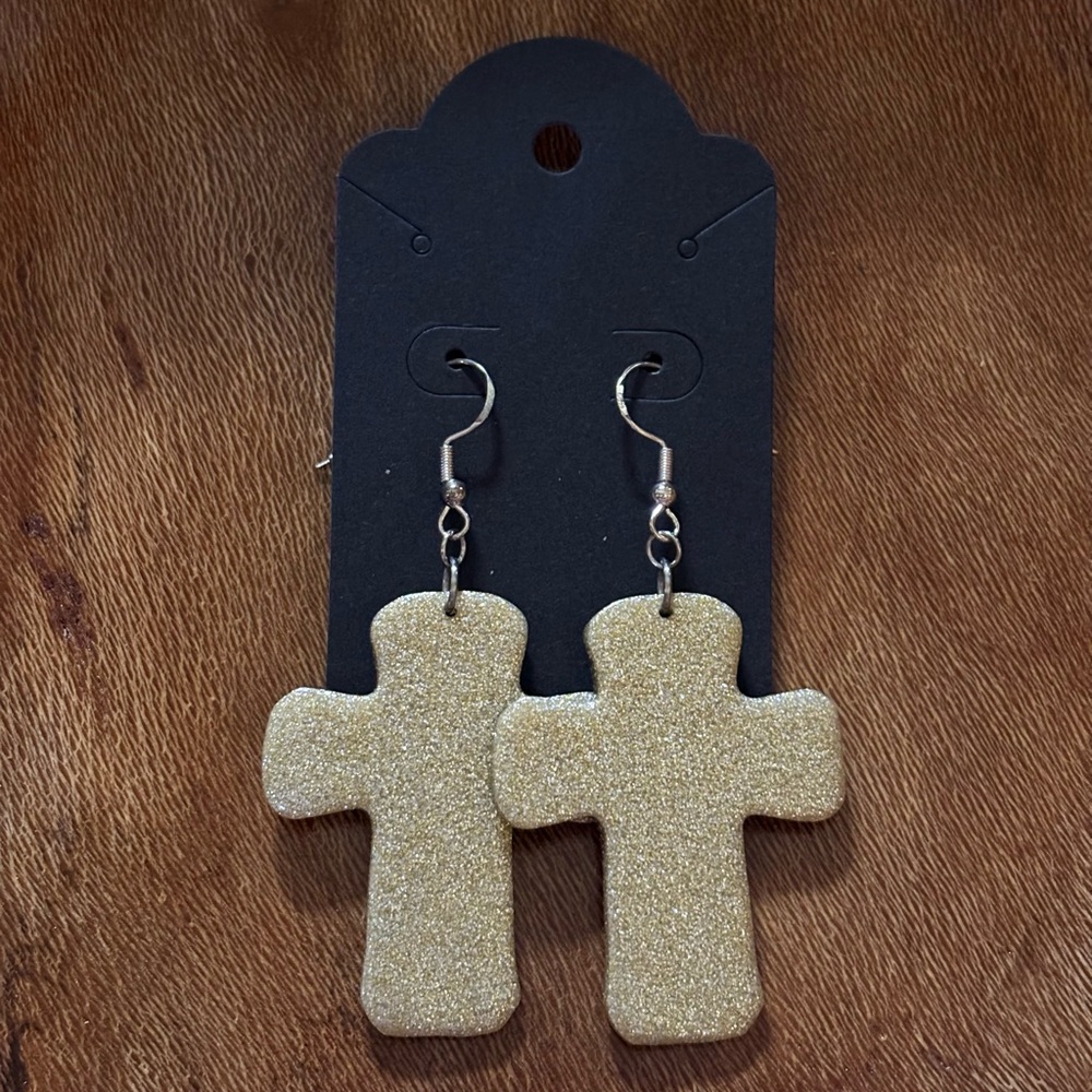 Sparkly Gold Cross Polymer Clay Earrings